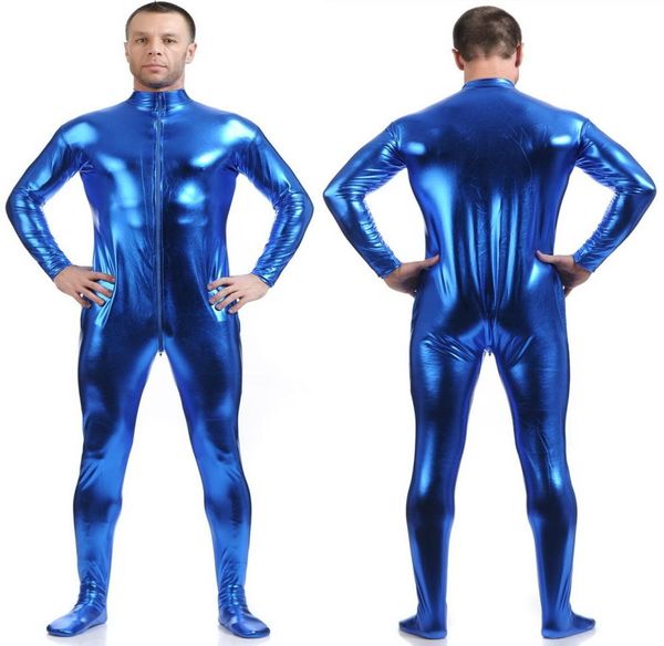 Men Bodysuit Disfraces delantero Long Zipper azul brillante lycra Menos metálicos 039S Catsuit disfraz sin cabeza Fancy Dr8558740