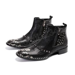 Botas de hombre con tachuelas de cuero genuino negro puntiagudas moda clásica oficina de negocios botines formales zapatos de hombre remaches masculinos