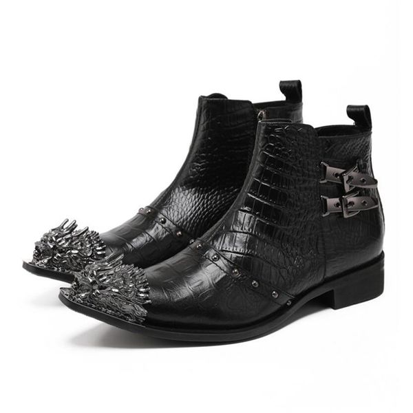 Hommes bottes affaires bout pointu bottines bureau robe formelle Rivets chaussures homme noir peau de serpent chaussures Double boucle sangle chaussures