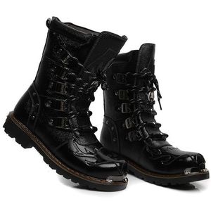 Bottes de moto pour hommes, mode mi-mollet Punk Rock Punk en cuir PU noir, haut décontracté, chaussures à bout en acier, grande taille 38-46 pour garçons, bottes de fête