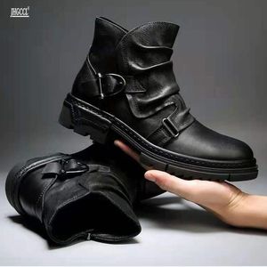 Hommes bottes en cuir PU rétro fermeture éclair côté boucle chaussures Brithsh bottes pour femmes Super Zapatos Hombre taille EUR 37-48 A27