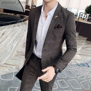 Hombres Boutique Trajes a cuadros Chaquetas + Pantalones Conjuntos Slim Fit Trajes de negocios casuales Novio Vestido de novia Esmoquin Ropa formal masculina Trajes 5XL Q230828