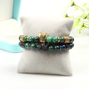 Mannen armband sieraden 1 stks CZ Crown Stoppers met 8mm natuursteen kralen gouden kroon armbanden horloge voor vrouwen