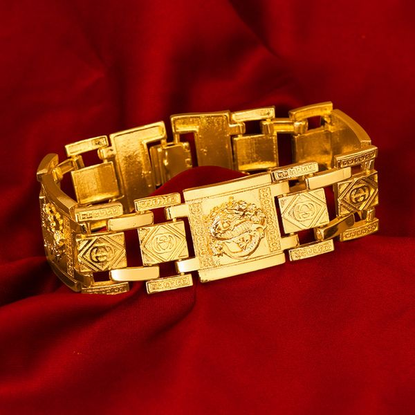 Hombres pulsera Wirst cadena enlace ancho dragón patrón reloj cierre 18k oro amarillo lleno clásico fresco hombre joyería regalo 21cm