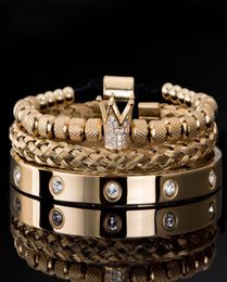 Mannen Armbanden Rvs Kristallen Armbanden Paar Sieraden 3pcsset Luxe Micro Pave CZ Kroon Romeinse Koninklijke Bedelarmband1073277