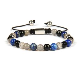 Mannen Armbanden Groothandel 6mm Natural Lapis Lazuli Faceted Onyx Stone Beads Clear CZ Ball Macrame Armband met roestvrijstalen kralen