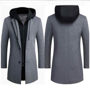 Mannen Merk Wol Mix Mode Winter Warm Dikke Wollen Jas Mid-Length Verwijderbare Hoed Wol Coat Double Collar Jas