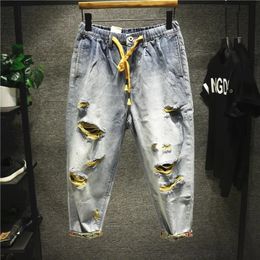 Mannen gebroken gat Harlan 8point jeans broek losse contrast kleur bedelaar lading denim 240415