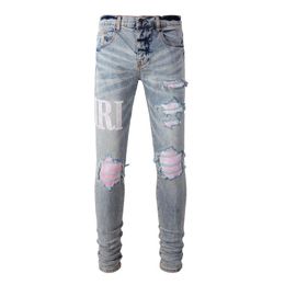 Homme lettre cassée Patch trou brodé Jean Denim Slim lavé bleu Stretch Jean moulant Amiryes grande taille homme