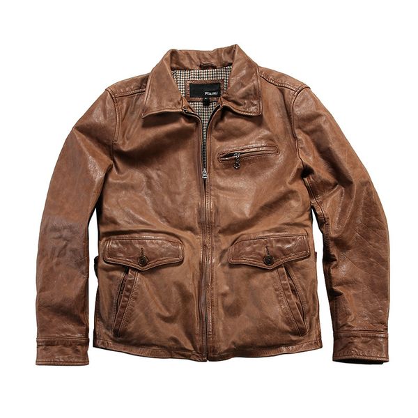 Hommes Vestes de moto en cuir marron en cuir authentique en cuir manteau de veste d'extérieur plus taille m-3xl 4xl