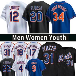 12 Maillots de baseball Francisco Lindor Mets Kodai Senga Brandon Nimmo Pete Alonso Starling Marte Mike Piazza Darryl Strawberry Francisco Alvarez Keith Hernandez