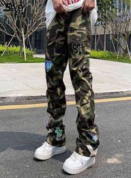 Men Camo Hip Hop Cargo Jeans Badge Badge Patchwork Streetwear HARAJUKU DENIM PANT