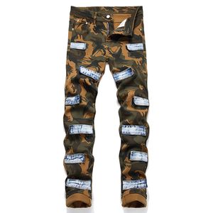 Mannen camouflage print jeans patches slanke rek denim broek lente herfst casual militaire broek