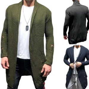 Heren Sweaters Mannen Cardigan Lange mouw Hole Casual Style Sweater Gaten Heren Mid-length Knitwear met 3 kleuren
