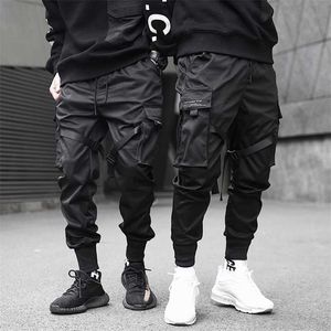 Heren Cargo Broek Zwart Linten Blok Multi-Pocket Harem Joggers Harajuku Sweatpant Hip Hop Casual Harem Mannelijke Broek 211013