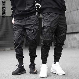 Mannen Cargo Broek Zwart Linten Harem Joggers Casual Katoen Streetwear Hip Hop Pockets Track Pants Harajuku Mode Broek 211201