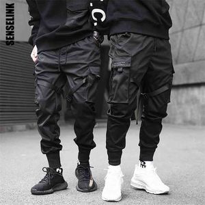 Hommes Cargo Pantalons Noir Rubans Harem Joggers Casual Coton Streetwear Poches Hip Hop Pack Harajuku Pantalons de mode 210715