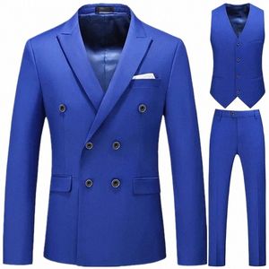 Mannen Casual Boutique Busin Double Breasted Pak Jas 3 Delige Set / Effen Kleur Slim Fit Blazers Jas Broek Vest Broek 989c #