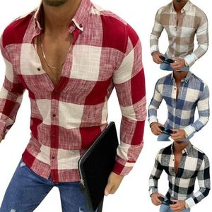 Hombres Casual manga larga botón abajo camisa a cuadros Slim Fit Muscle Dress camisas Tops hombres moda Vintage 210705