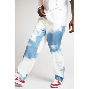 Hommes décontracté ample droite Denim pantalon Jogging jeans décontractés cravate teinture imprimer bleu ciel Long pantalon droit jean 2020 X0621