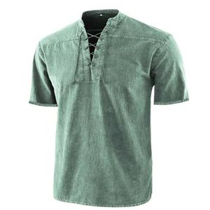 Hommes chemises décontractées médiéval rétro à lacets col en v coton lin gothique manches courtes T-Shirts grande taille S-5XL260W