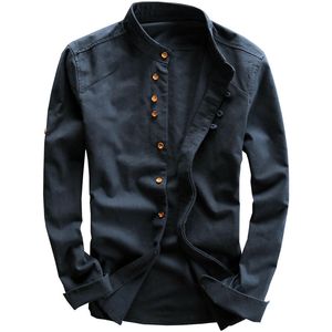 Hommes chemises décontractées col montant à manches longues coton lin T-Shirts boutonné Vintage hauts grande taille M-7XL