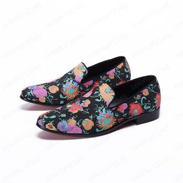 Sapatos casuais masculinos com estampa de flores, sapatos de couro para homens, slip-on, moda para festa e casamento, tamanho grande