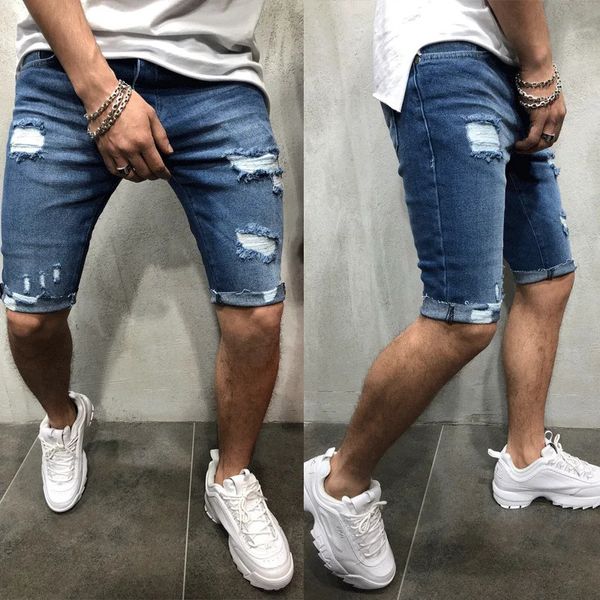 Hommes décontractés shorts de mode jeans pantalons courts détruits jeans skinny pantalon déchiré denim effiloché 240420