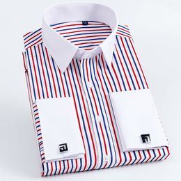 Hommes décontracté chemise cintrée hommes à manches longues chemises habillées boutons de manchette français chemise homme chemise rayée