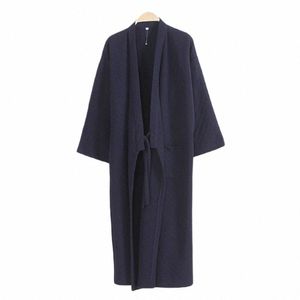 Hommes décontracté couleur unie japonais Yukata Kimo vêtements de nuit Lg Robe de bain pyjamas à lacets Cott Slee Robe Costumes amples S35U #