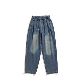 Men de style décontracté jeans denim 2024 Été Nouvelle arrivée Stonewash Herringbone Design Mid Waist Trouserserrstwill Loose Elastic Affarm Relled Pant Tenue quotidienne