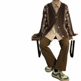 Men de pull décontracté Ensemble vintage en damier vintage Cardigan + chemise à manches LG à rayures + pantalon de jambe large tendance 3 pièces Coup de rue x92k #