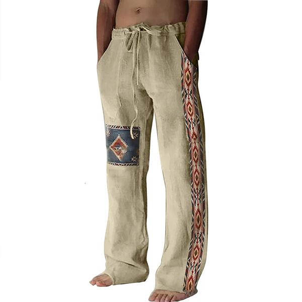 Men de pantalon d'attachement décontracté Classique Print Print Man Cotton Linen Pantal