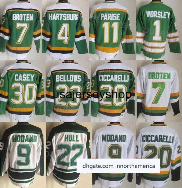 Hommes CCM Hockey Retro 9 Mike Modano Jersey Vintage Classic 7 Broten 23 Brian Bellows 4 Craig Hartsburg 20 Dino Ciccarelli 1 Gump Worsley