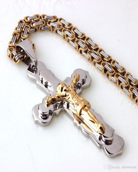 Hommes chaîne bijoux cadeau vigne crucifix jesus pièce pendentif collier argent gol couleur acier inoxydable byzantin9915717