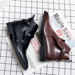 Men Chelsea Boots Ankle Boots Pointed Brown Buckle Retro Classic Fashion Business Shoes