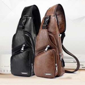 Heren borsttas USB Opladen PU lederen taille Casual reistas Crossbody Eenvoudige schoudertas voor buitensporten2543