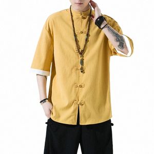 Mannen Chinese Stijl Hanfu Shirt Heren losse Tops Tang Pak Linnen Effen Traditial Kung Fu Shirts Mannelijke Cott Kimo shirts M-5XL B9V0 #