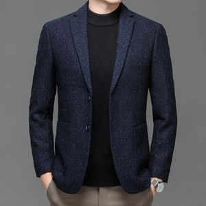 Blazers de lana clásicos para hombre, chaquetas de traje mezcladas de lana de oveja azul marino negro, trajes informales de negocios con cuello con muescas, atuendo elegante 240125