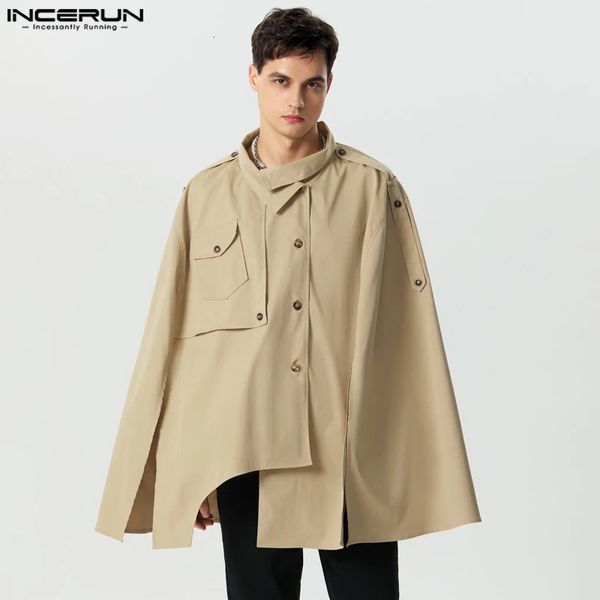 Männer Mantel Mäntel Revers Lose Einfarbig Taste Streetwear Casual Männlichen Ponchos Cape Mode Unregelmäßigen Graben S-5XL INCERUN 240117