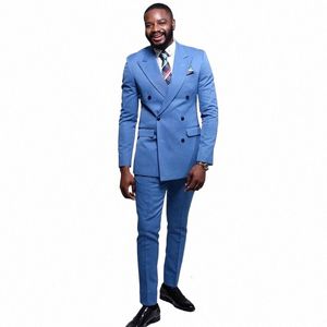 Hommes Vêtements Costume Bleu Double Boutonnage Revers Formel Blazer 2 Pièces Veste Pantalon Ensemble Complet Smart Casual Bureau Tenues j9S5 #