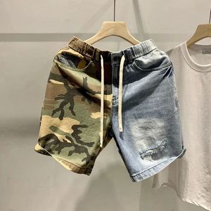 Men kleding Japanse mode camouflage patchwork denim shorts heren heren persoonlijkheid gat casual broek streetwear short homme 240402