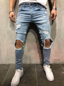 Mannen kleding nieuwe broek vernietigde heren slanke denim rechte biker skinny jeans mannen gescheurde jeans Nieuw