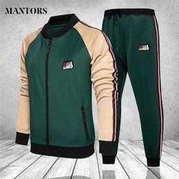 Men kleding set herfst winter fitness heren sweatsuit joggers mannelijke ritssluiting hoodies jassen broek mannelijk tracksuit patchwork lj201126