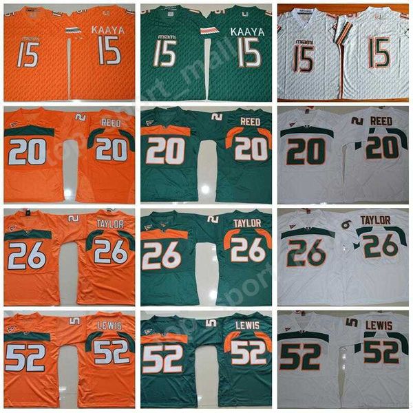 Hombres Fútbol universitario Miami Hurricanes Jerseys 15 Brad Kaaya 20 Ed Reed 52 Ray Lewis 26 Sean Taylor Verde Naranja Blanco Calidad superior