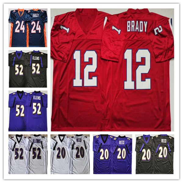 Hommes College Vintage Football Jerseys 12 Tom Brady 20 Ed Reed 52 Ray Lewis 24 Champ Bailey Ed Noir Violet Rouge Bleu Rétro Uniformes