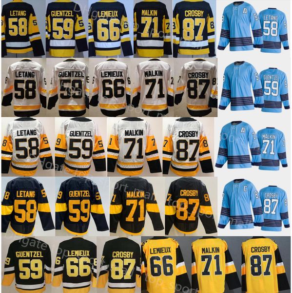 Team Classics Heritage Hockey 87 Sidney Crosby Jersey 58 Kris Letang 59 Jake Guentzel 66 Lemieux Evgeni Malkin Stadium Series Alternate Black Men Reverse Retro Blue