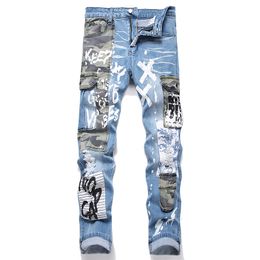 Men Colorblock Patchwork Jeans scheurde Multi-Pocket Stretch Denim Pants Spring Autumn Street Slim Letter Gedrukte broek