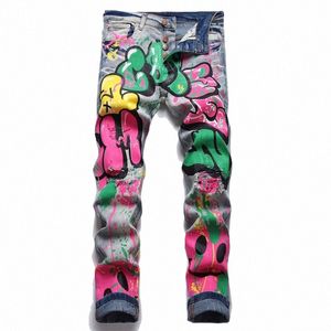 Hommes Coloré Doodle Peint Denim Jeans Streetwear Punk Stretch Denim Imprimer Pantalon Mégots Fly Trous Ripped Slim Crayon Pantalon u9Lm #
