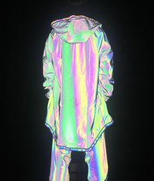 Mannen Kleurrijke Volledige Reflecterende Lange Capuchon Street Dance Nachtclub Shiny Dazzle Outdoor Running Leisure Windjack Coat1548769